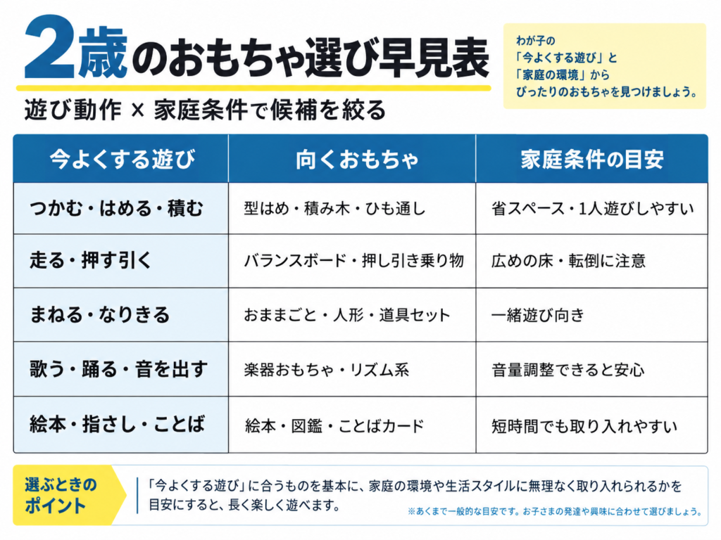 2歳のおもちゃ選び早見表（遊び動作×家庭条件のマトリクス図）