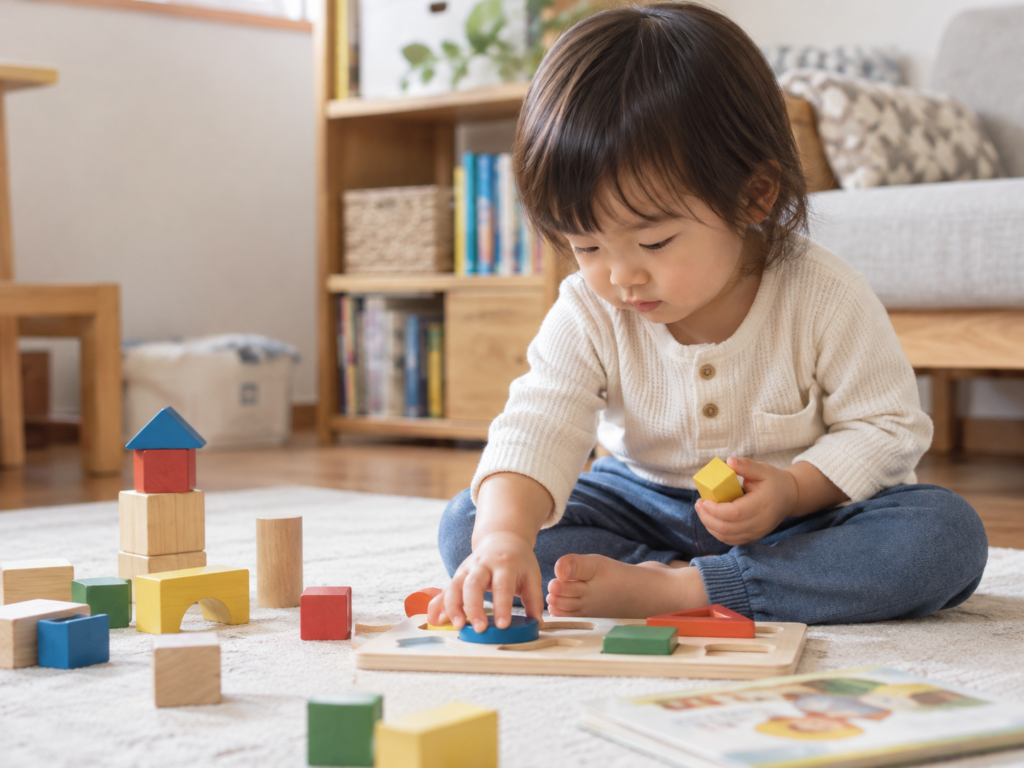 2歳の子どもが積み木やパズルで遊んでいる様子の写真