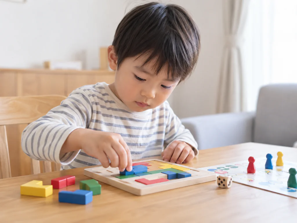 4歳のお子さまがパズルやボードゲームに集中して遊んでいる様子の写真