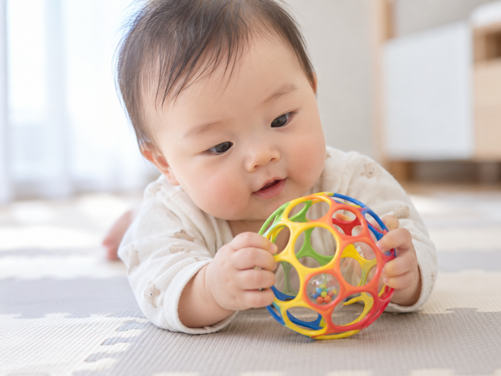 0歳の赤ちゃんがオーボールを握っている様子のイメージ写真