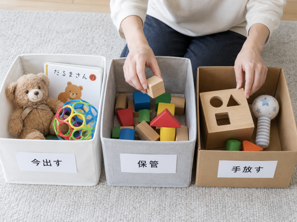 おもちゃを「出す・保管・手放す」の3つに分けて整理している様子のイメージ