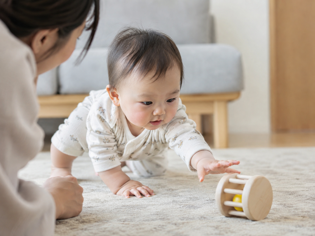赤ちゃんがおもちゃに手を伸ばしている様子。反応を観察している親の視点