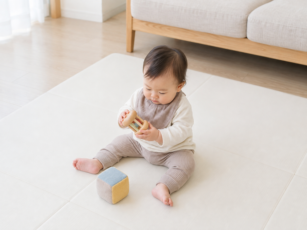 赤ちゃんが床で1〜2個のおもちゃで遊んでいる様子。周囲がすっきりしている