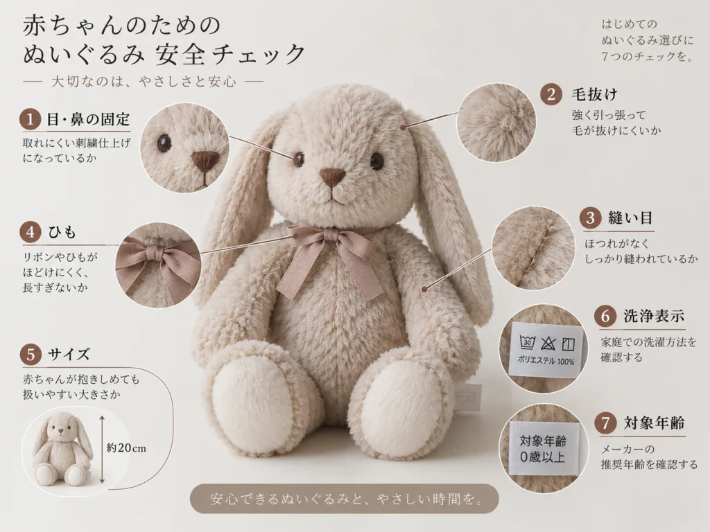 ぬいぐるみの目・縫い目・ひもなど安全確認ポイントを示したイラストまたは写真