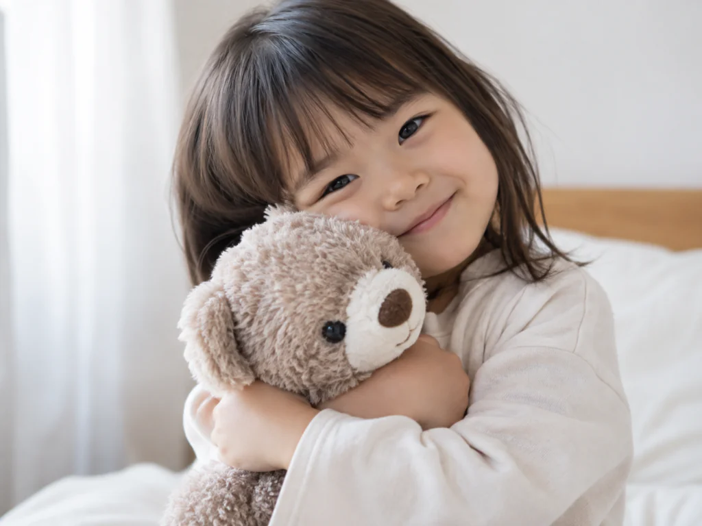 子どもがぬいぐるみを大切に抱えている様子のやさしいイメージ写真