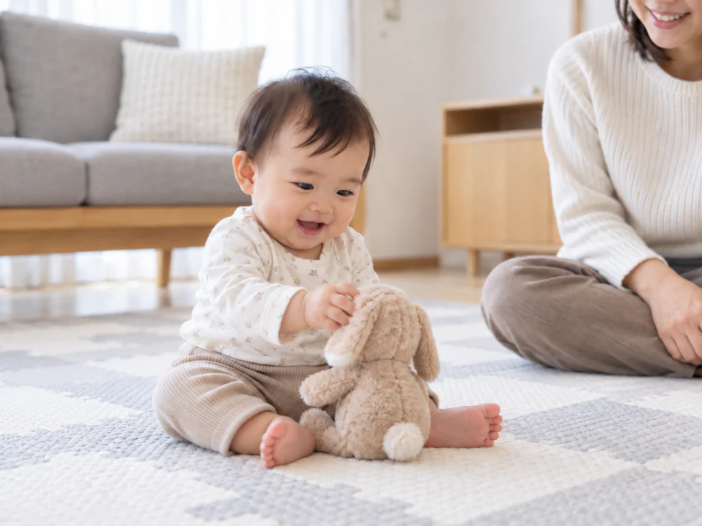 赤ちゃんが起きている時間にぬいぐるみで遊んでいる様子のイメージ写真
