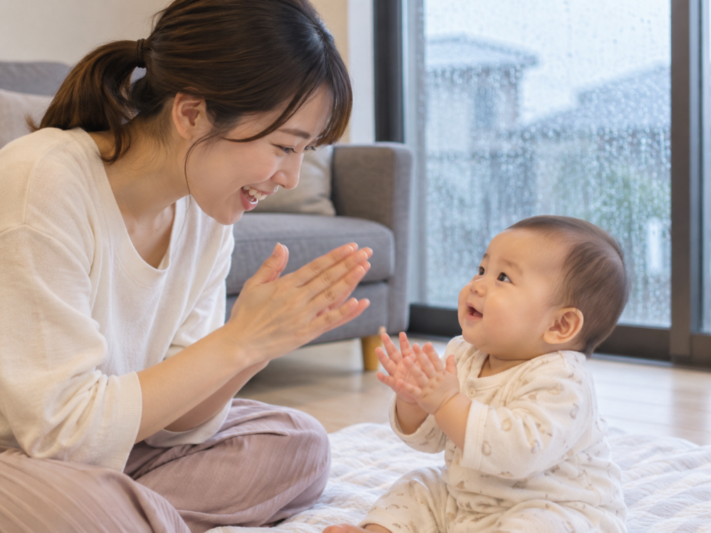 雨の日に親子で手遊び歌をしている様子のイラストまたは写真