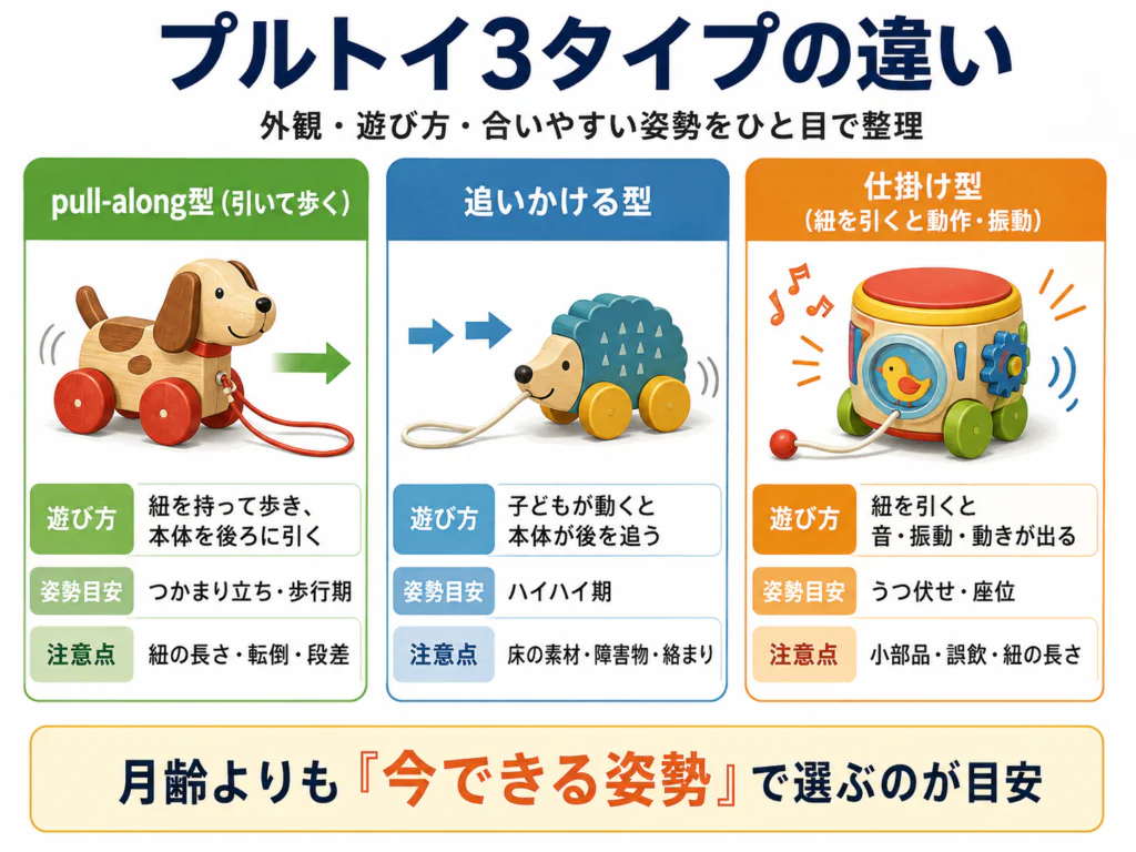 プルトイ3タイプ（pull-along型・追いかける型・仕掛け型）の外観と遊び方の違いを示すイラスト図