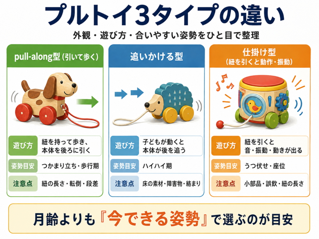 プルトイ3タイプ（pull-along型・追いかける型・仕掛け型）の外観と遊び方の違いを示すイラスト図