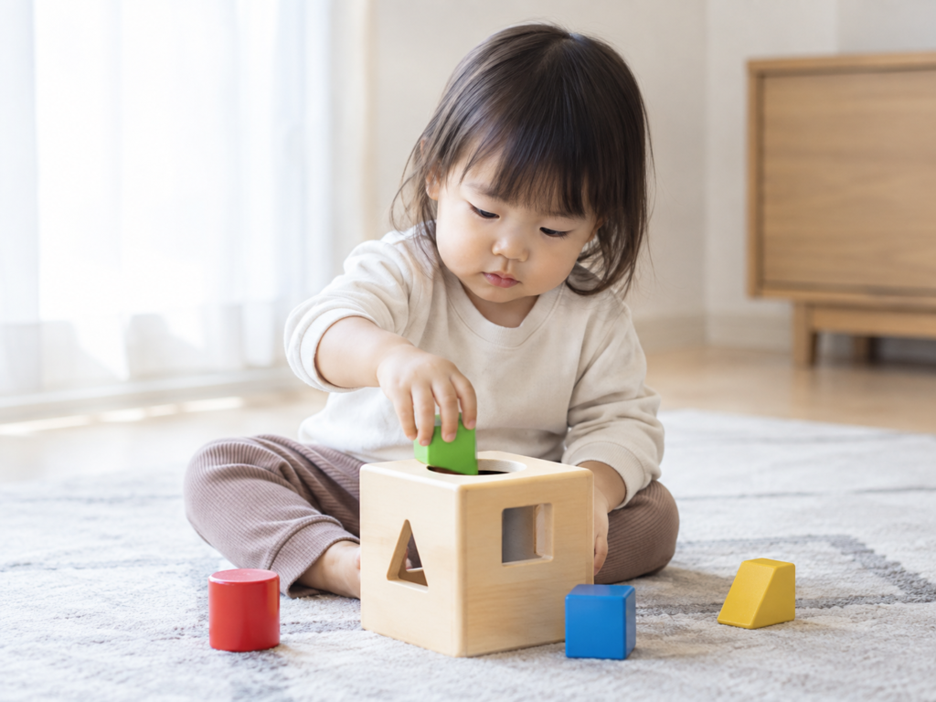 一人で遊ぶ2〜3歳の子どもがブロックや型はめで集中している様子のイメージ写真