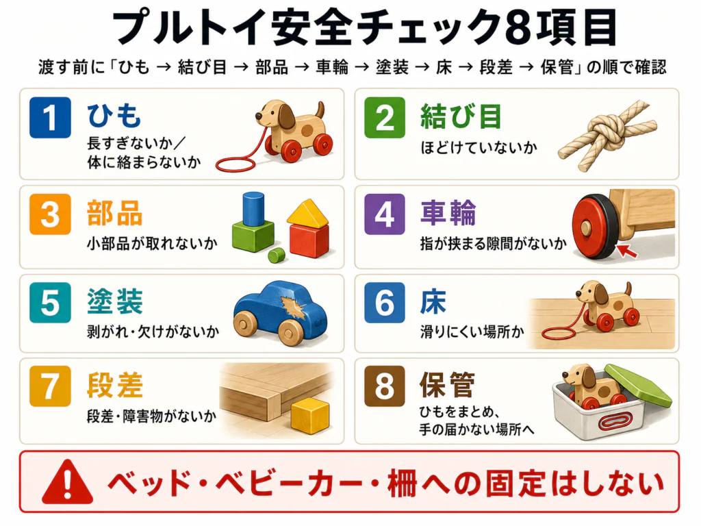 安全チェック8項目（ひも・結び目・部品・車輪・塗装・床・段差・保管）のチェックリスト図