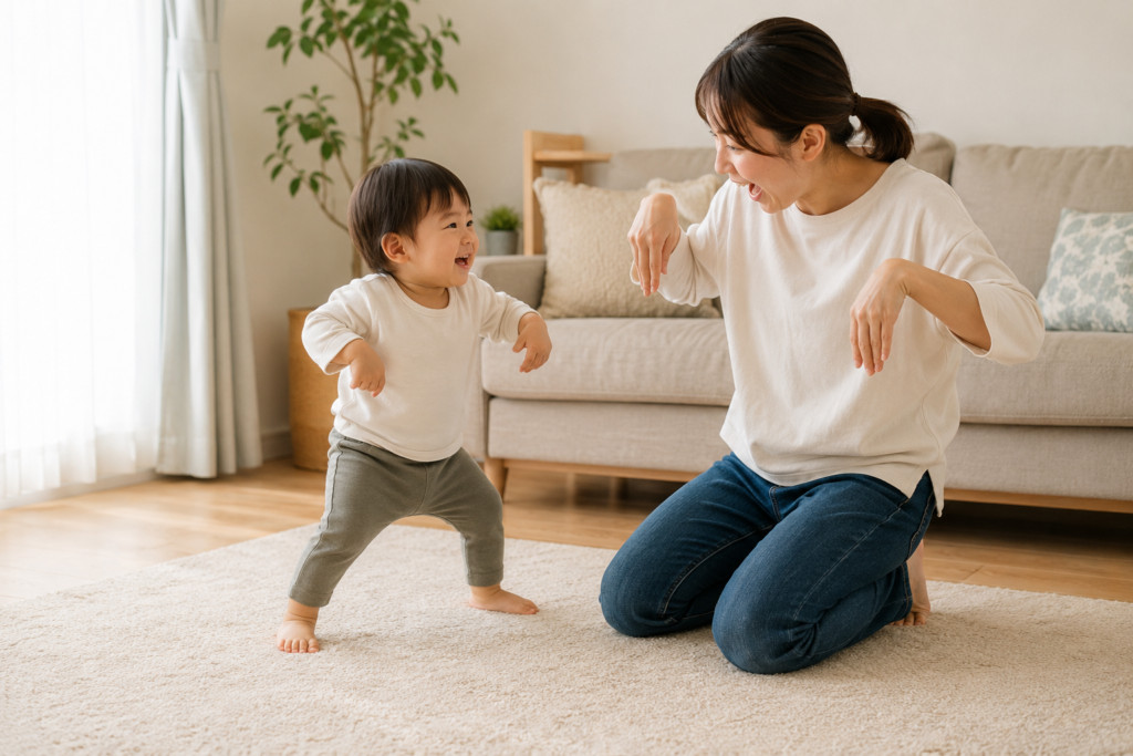 親子でものまね遊びをしている2歳児と保護者の様子
