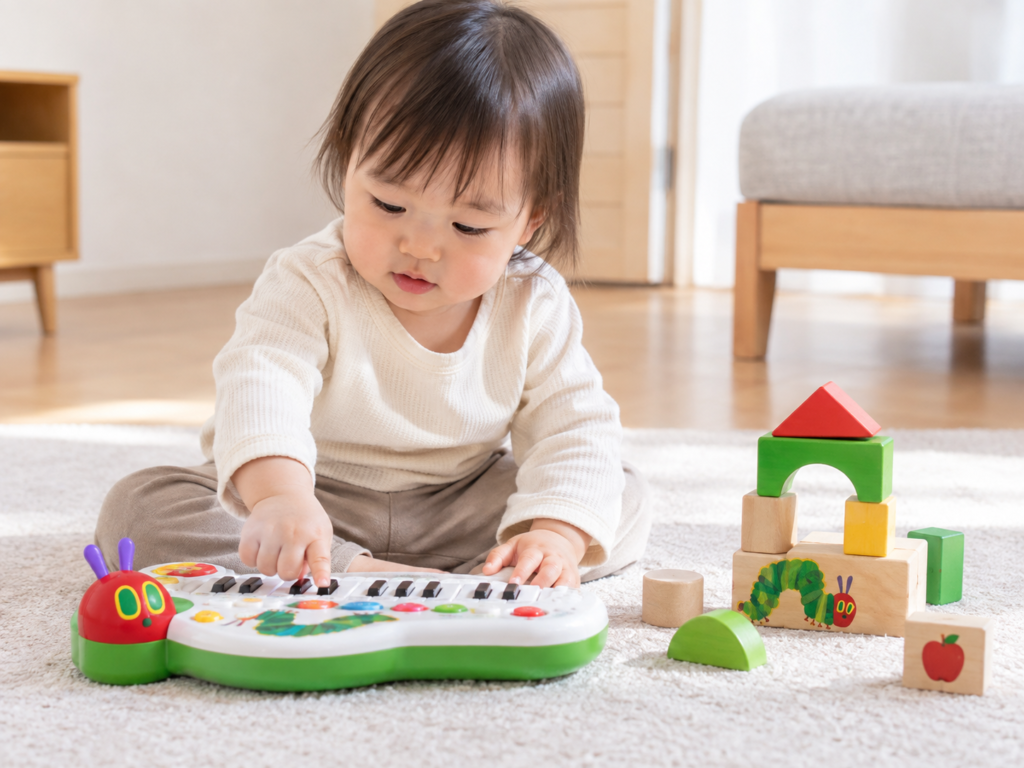 1歳前後の子どもがはらぺこあおむしのキーボードや積み木で遊んでいるイメージ
