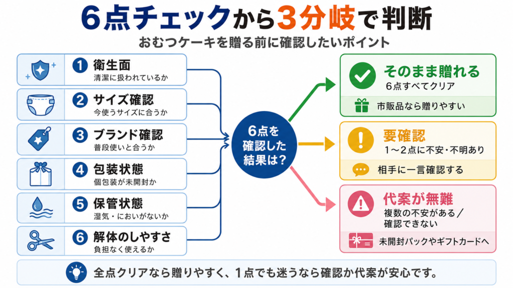 6点チェックから3分岐（そのまま贈れる・要確認・代案が無難）へのフロー図