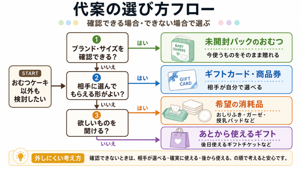 おむつケーキを贈る前の3分岐と衛生・サイズ確認の判断フロー図