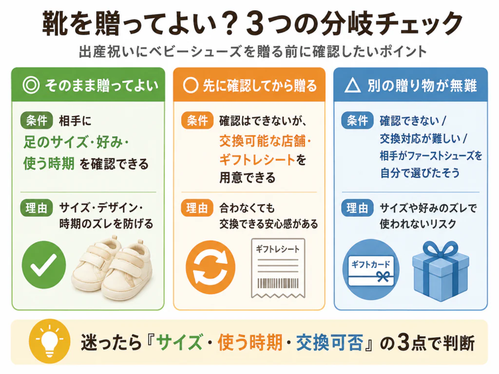 出産祝いにベビーシューズを贈る前のサイズと交換条件の確認項目チェック図