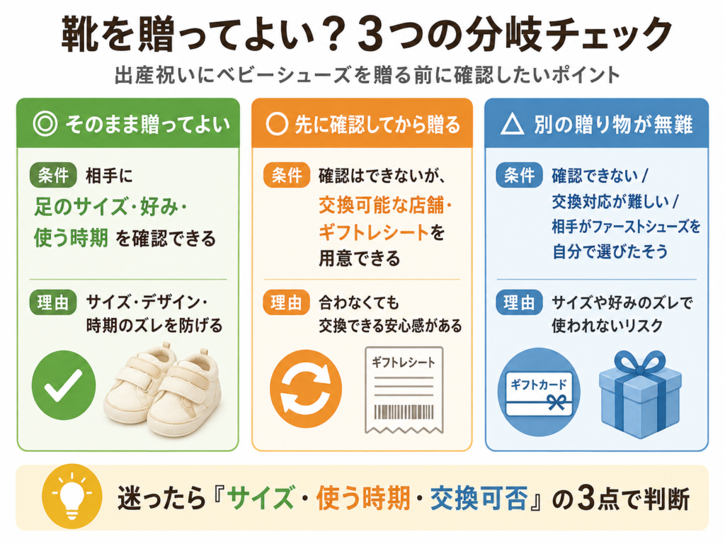 出産祝いにベビーシューズを贈る前のサイズと交換条件の確認項目チェック図