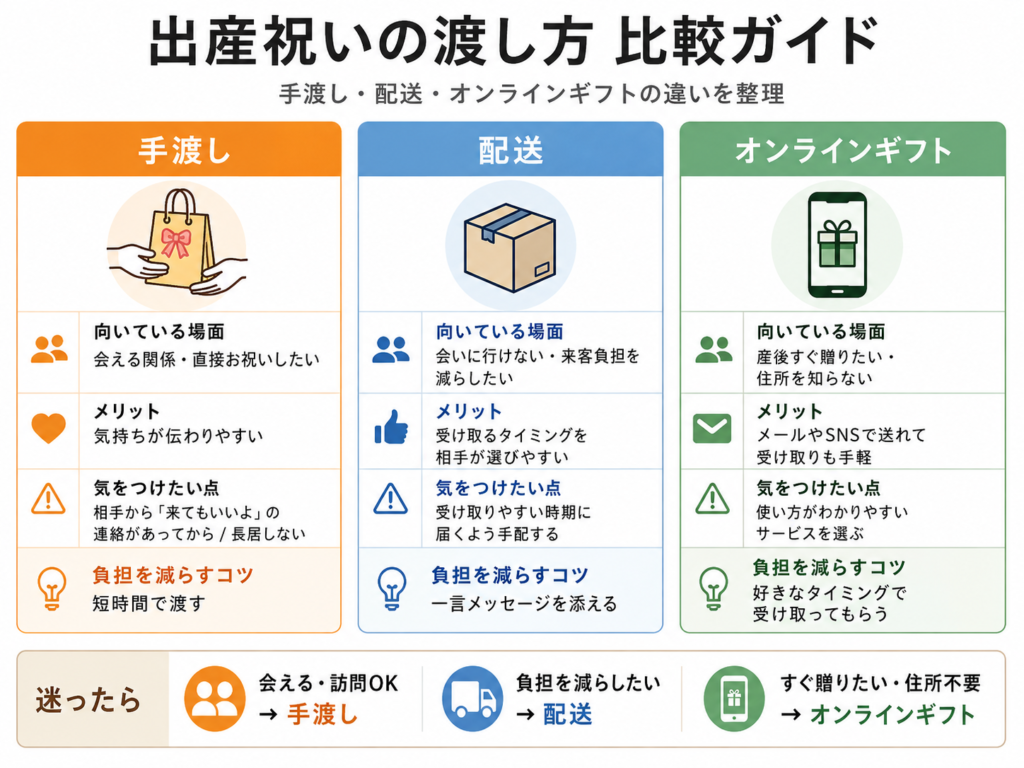 手渡し・配送・オンラインギフトの渡し方を比較した図