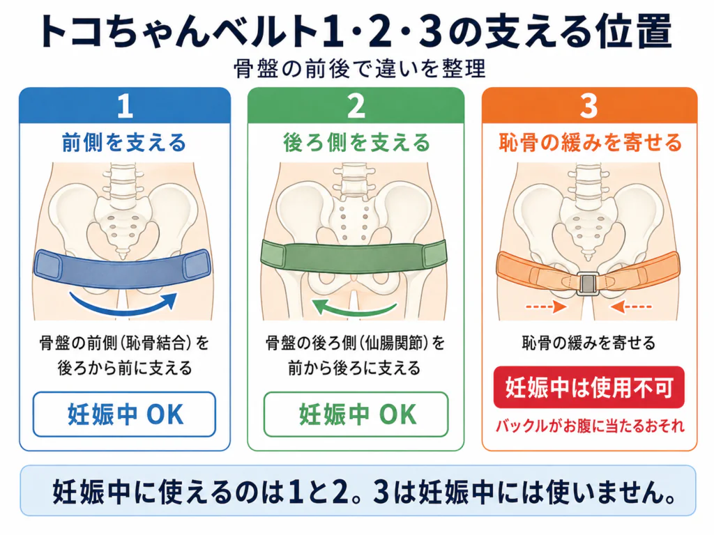 トコちゃんベルト1・2・3の支える位置を骨盤の前後で示した図解
