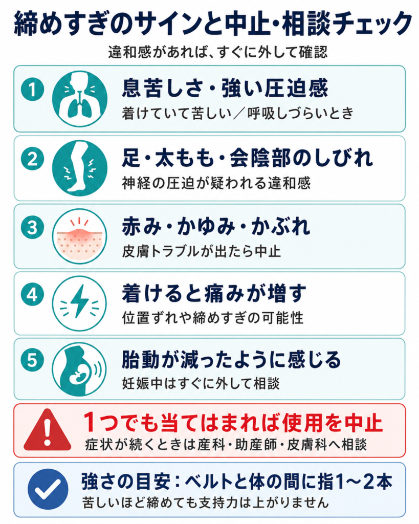 締めすぎのサインと中止・相談すべき症状を示した縦型チェックリスト図