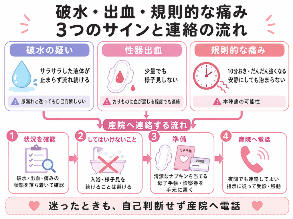 破水・出血・規則的な痛みの3つのサインと産院連絡の流れを示す図