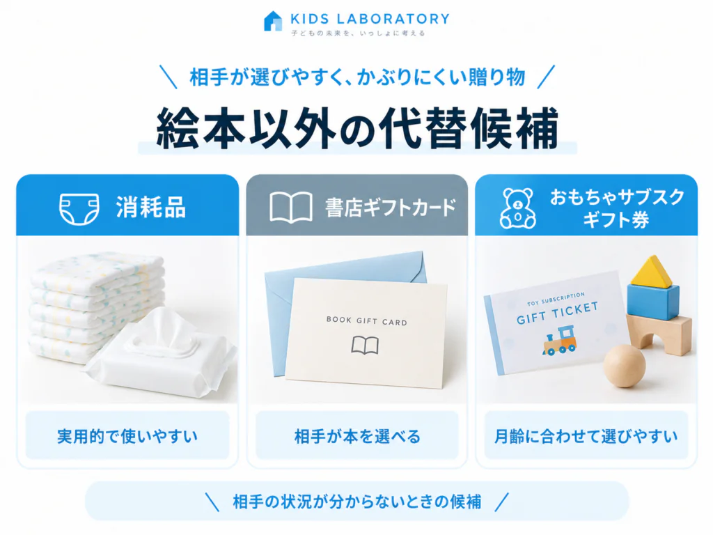消耗品・図書カード・ギフト券など代替ギフトの並び（出産祝いの代替候補イメージ）