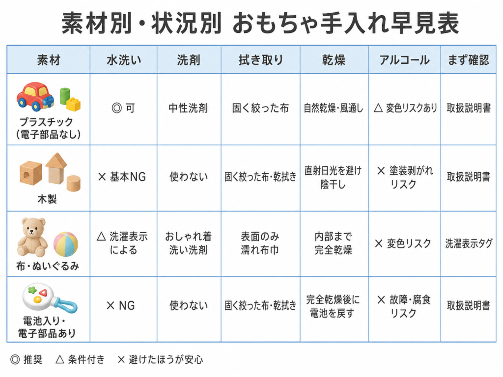 赤ちゃんのおもちゃを素材別に洗う方法を示す比較図