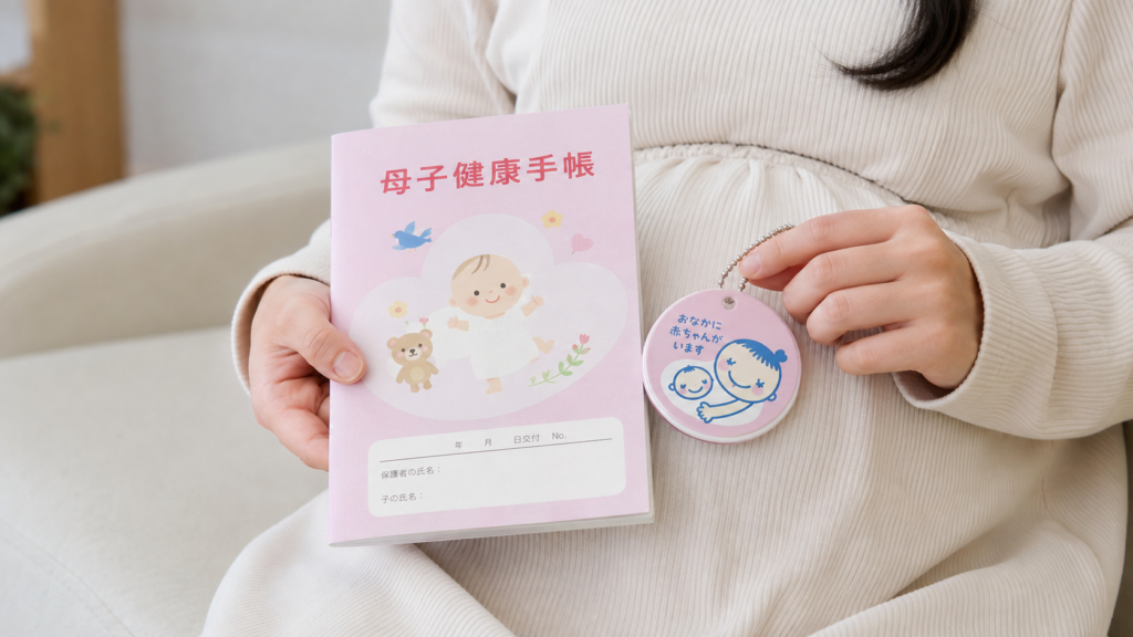 マタニティマークを母子健康手帳と一緒に持っているイメージ写真