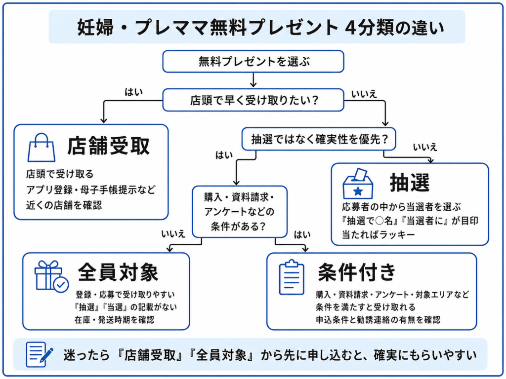 全員対象・抽選・条件付き・店舗受取の4分類の違いを示す比較図（フローチャート形式）
