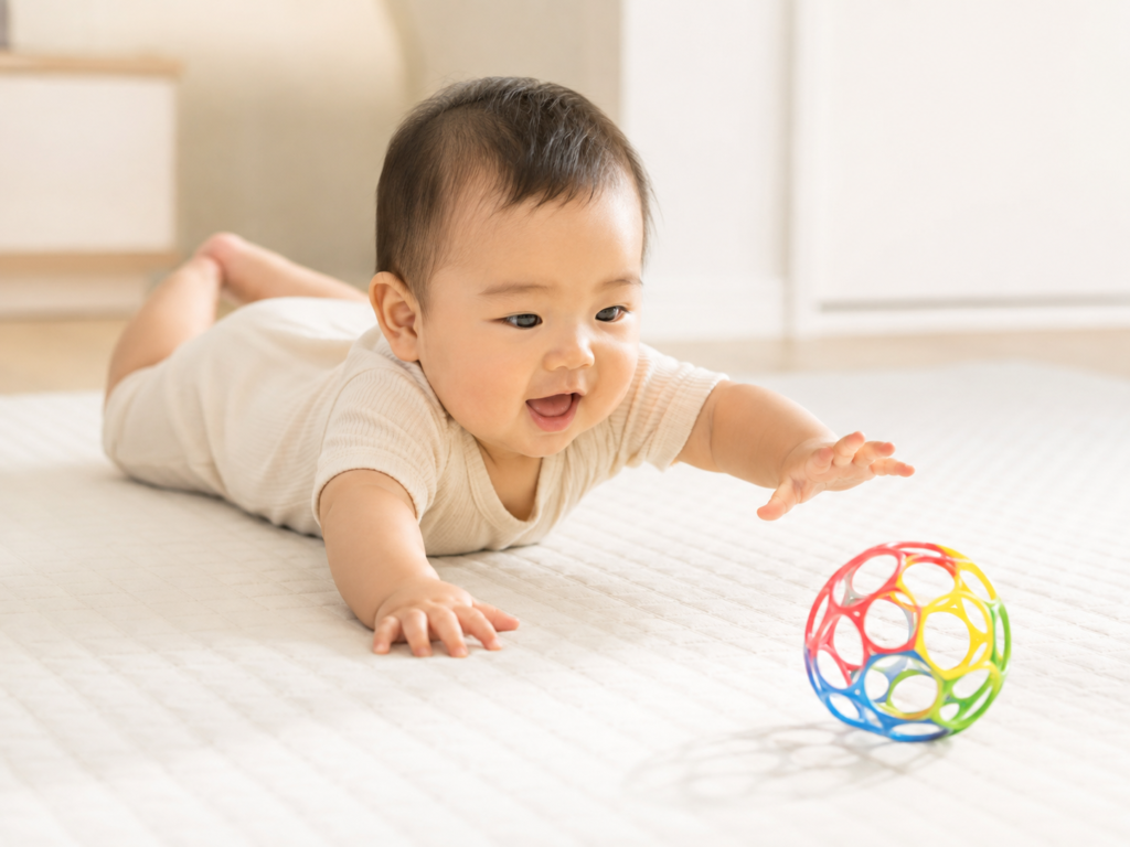 プレイマットの上に赤ちゃんがうつ伏せになり、前方のおもちゃに手を伸ばしている様子