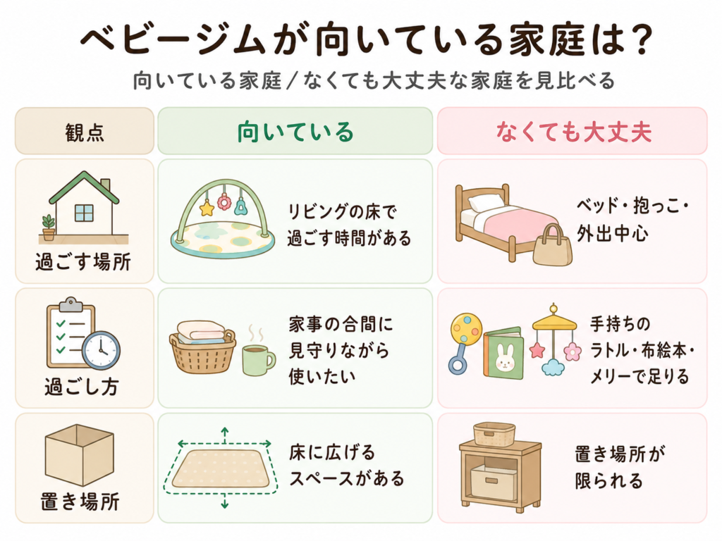 ベビージムが向いている家庭となくても困らない家庭の比較図