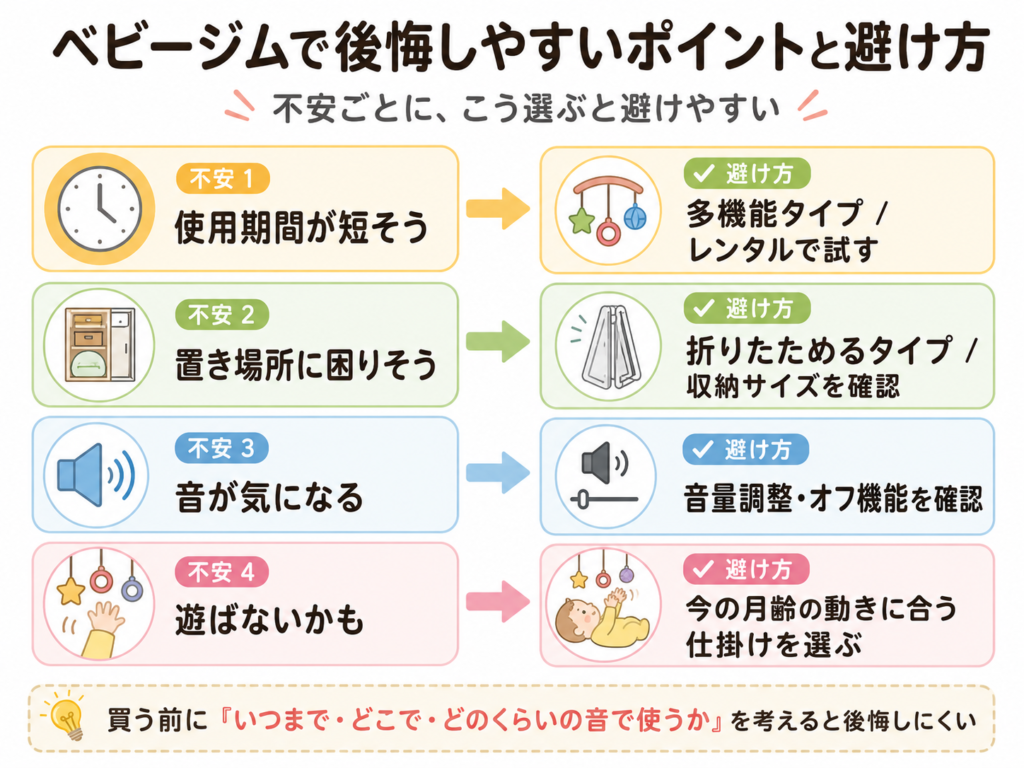ベビージムで後悔しやすいケースと避けるための分岐を示した図