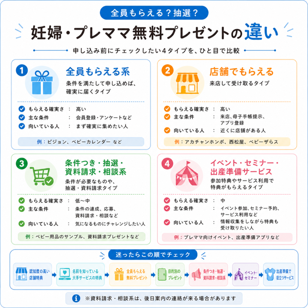 妊婦・プレママ無料プレゼントの全員もらえる・店舗・条件あり・抽選の違いを示す比較図