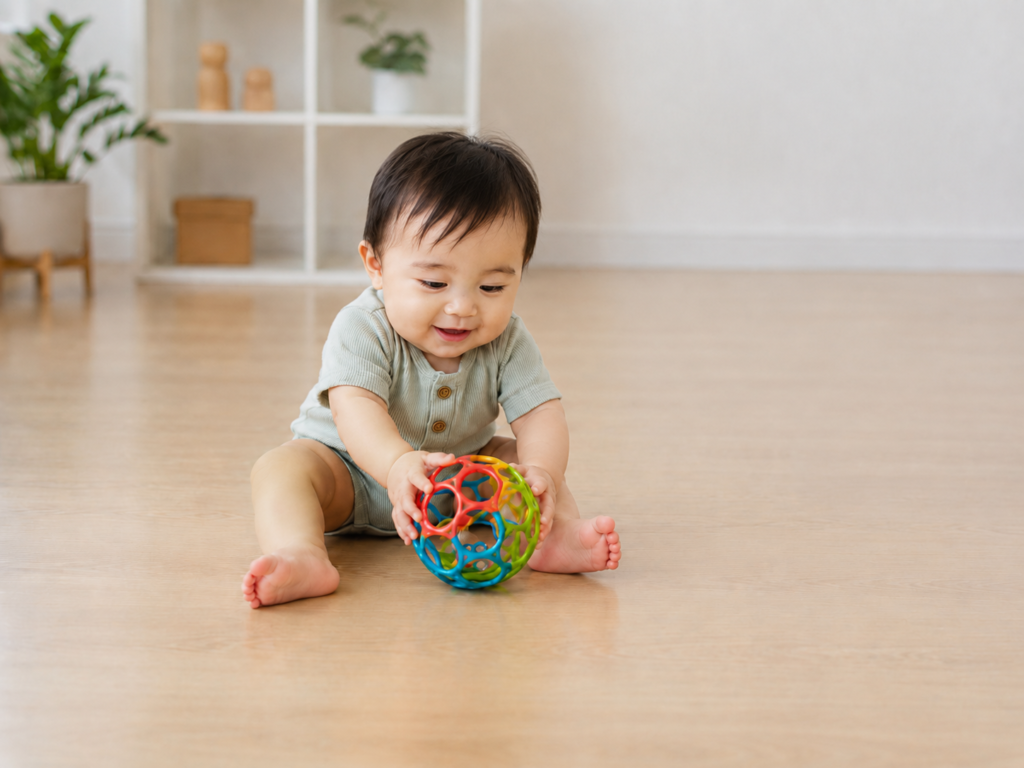 赤ちゃんが床に座ってラトルボールで遊んでいる様子。周囲に広いスペースがある