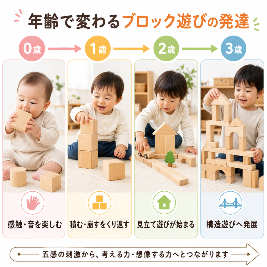 0歳・1歳・2歳・3歳の発達段階と積み木の遊び方の変化を示した年齢別比較図。各年齢の典型的な遊び方（感触・積む崩す・見立て・構造）