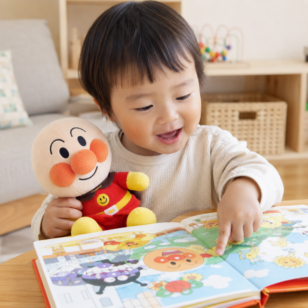1〜2歳の子どもがアンパンマンのぬいぐるみや絵本で遊んでいる様子のイメージ。ごっこ遊びや指さしの場面が伝わる写真