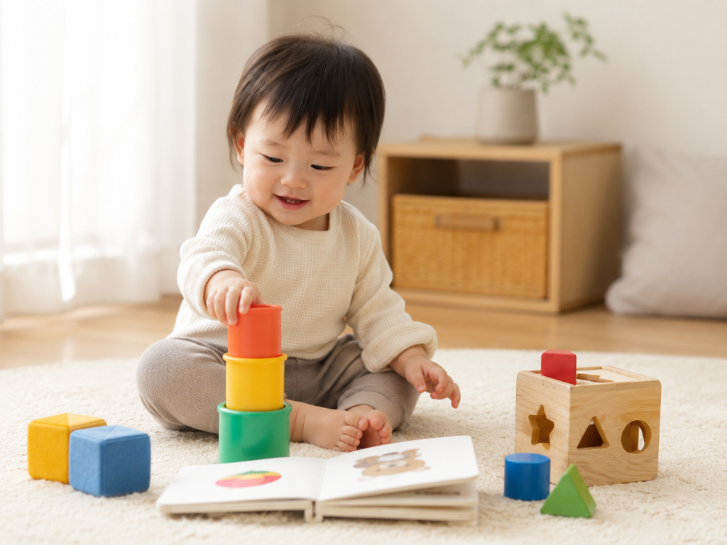 1歳頃の赤ちゃんがおもちゃで遊んでいる様子。月齢に合ったおもちゃ選びのイメージ