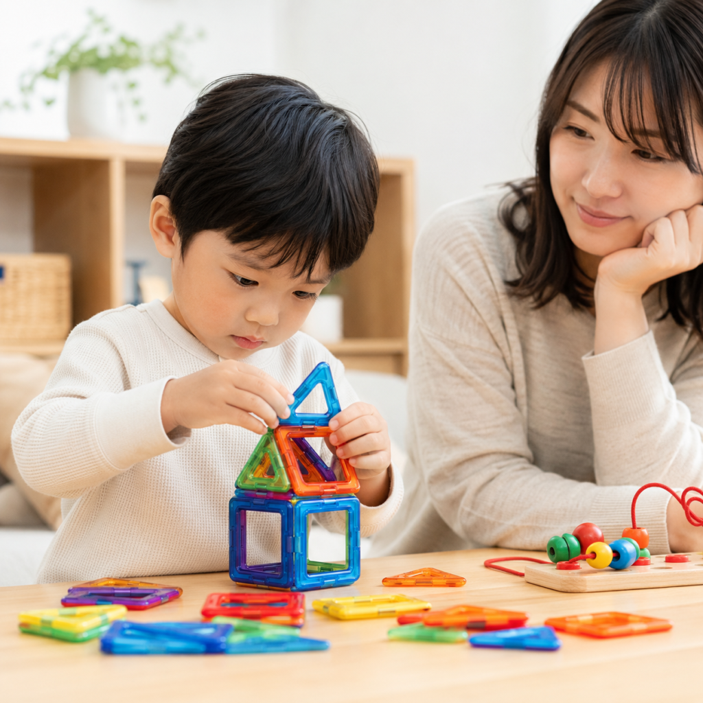 3〜5歳の子どもがマグネットブロックやひも通しなど手指を使うおもちゃで集中して遊んでいる様子。親が近くで見守っているシーン