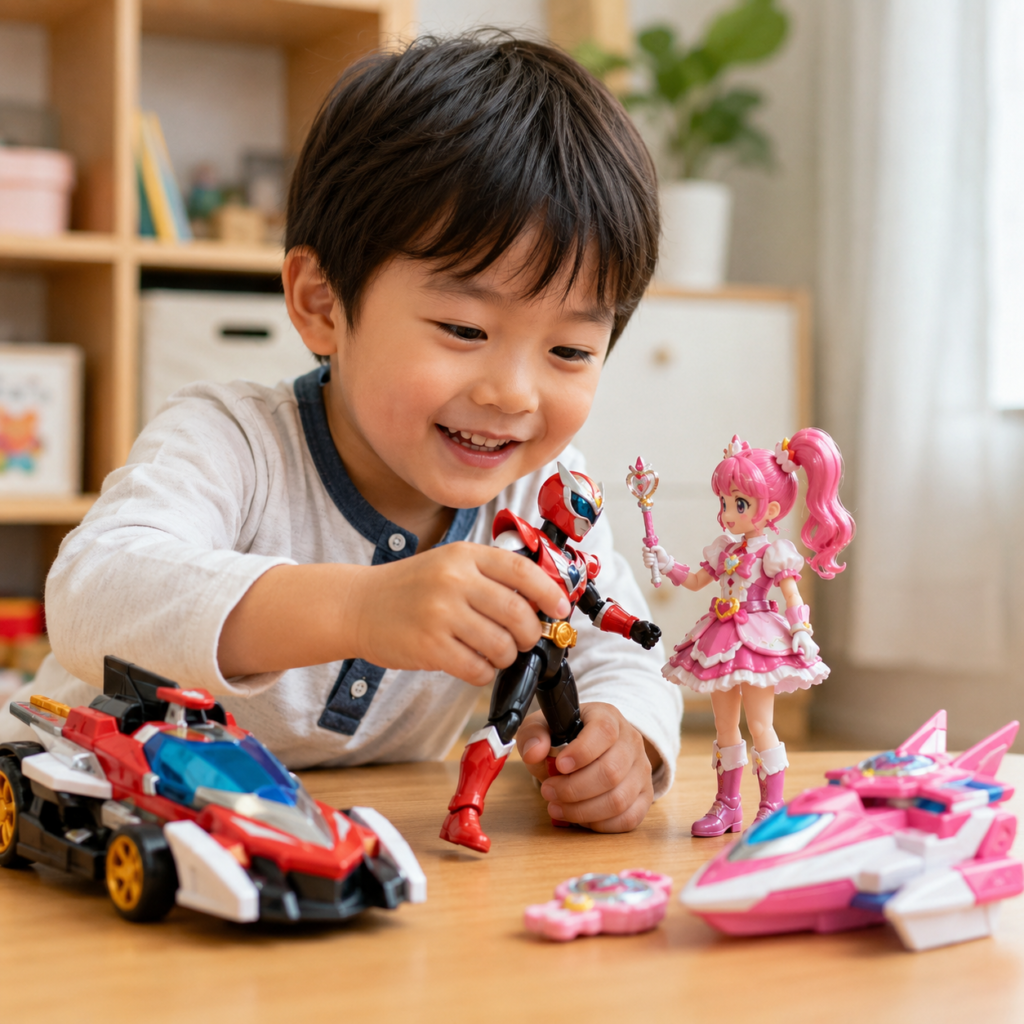 3〜5歳の子どもが仮面ライダーやプリキュアなど新しいキャラクターのおもちゃで遊んでいる様子のイメージ。アンパンマン卒業後の次のステップ