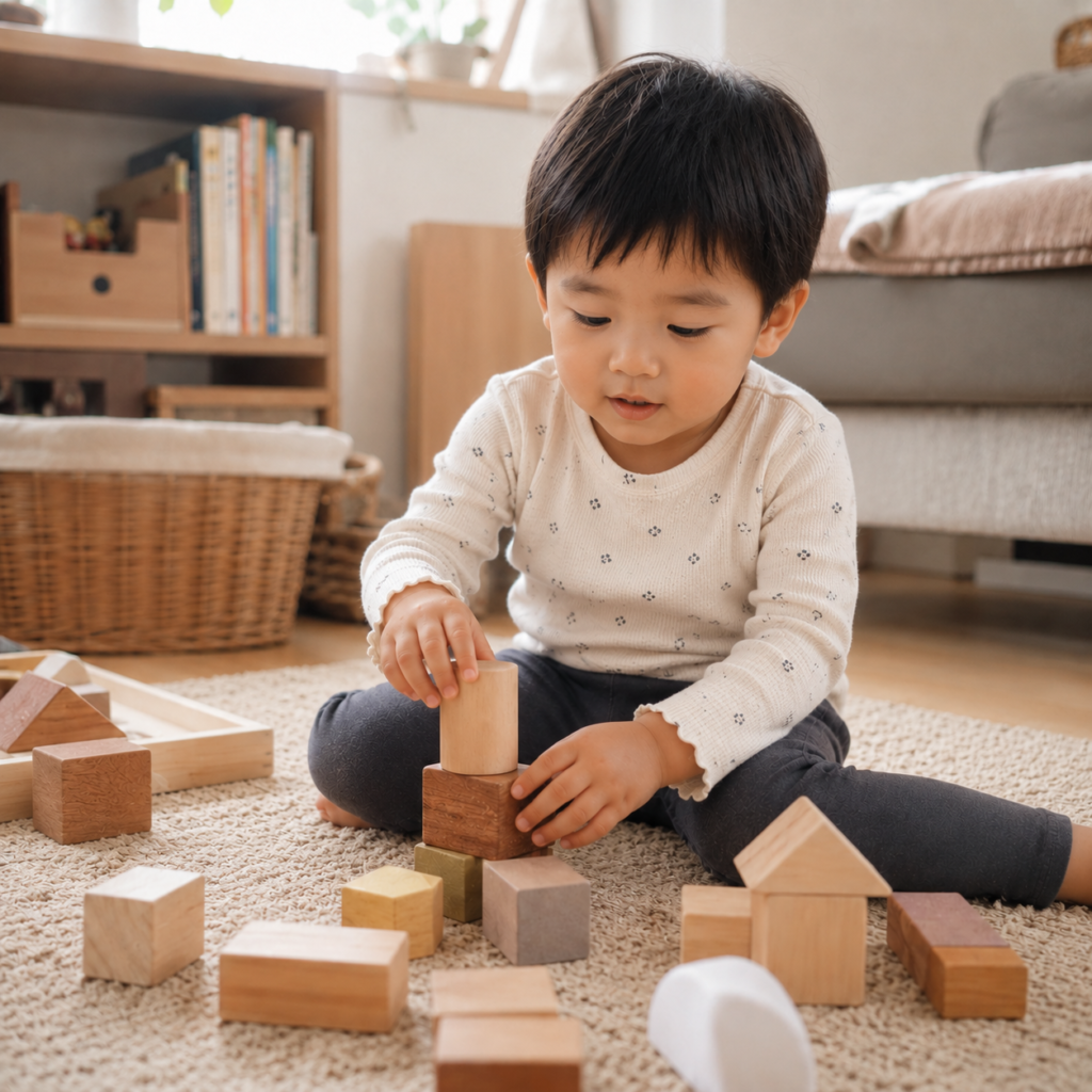 3歳の子どもがブロックや積み木で遊んでいる様子。男女どちらにも使えることが伝わる、シンプルな木製おもちゃや大きめブロックが並んでいる場面
