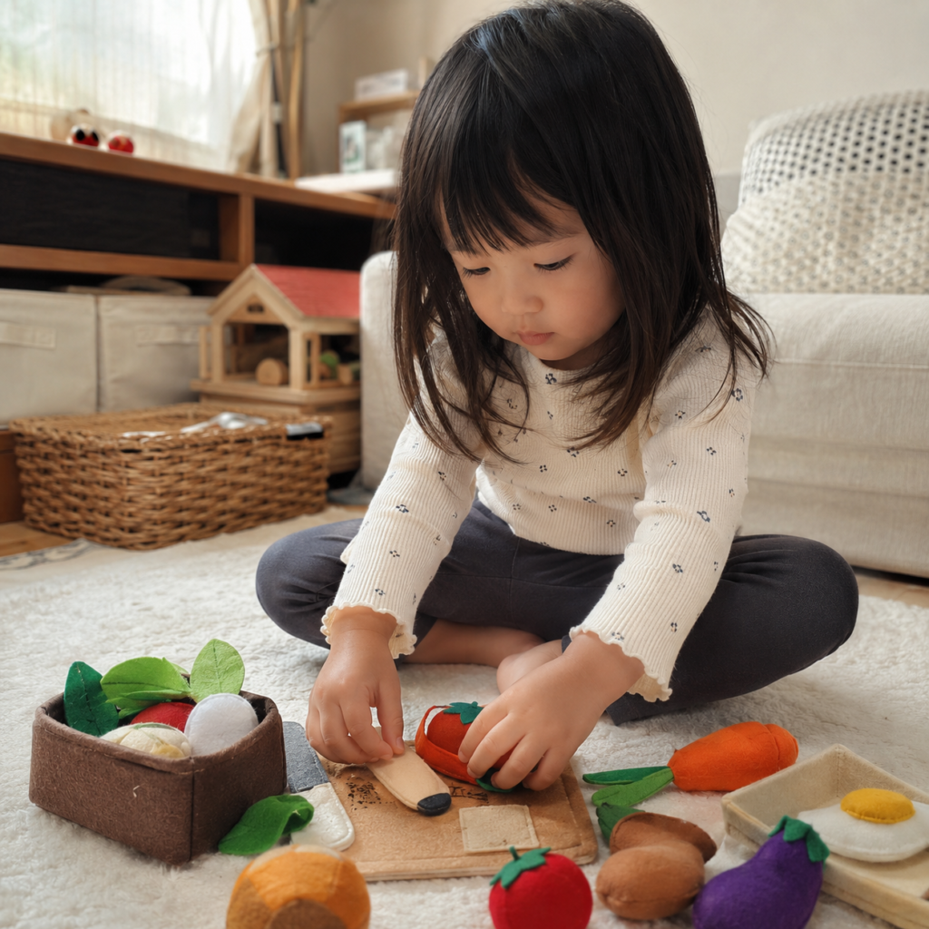 3歳の子どもが手作りのフェルトおもちゃで遊んでいる様子。床に座って集中している場面