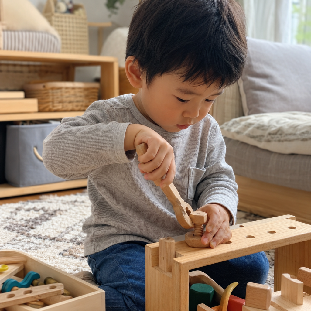 3歳男の子が工具セットや組み立ておもちゃで遊んでいる様子。木製の工具セットやボルトを締める動作が見える場面