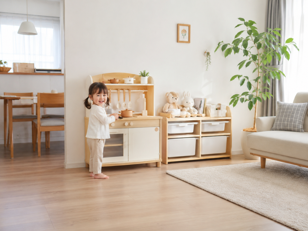おままごとキッチンを前にして子どもが楽しそうに遊んでいる様子。キッチンの大きさと部屋のスペースの関係が伝わるリビングの写真