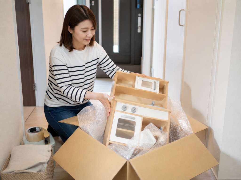おままごとキッチンを梱包してフリマアプリに出品する様子、または粗大ごみシールを貼って玄関先に出している様子のイメージ