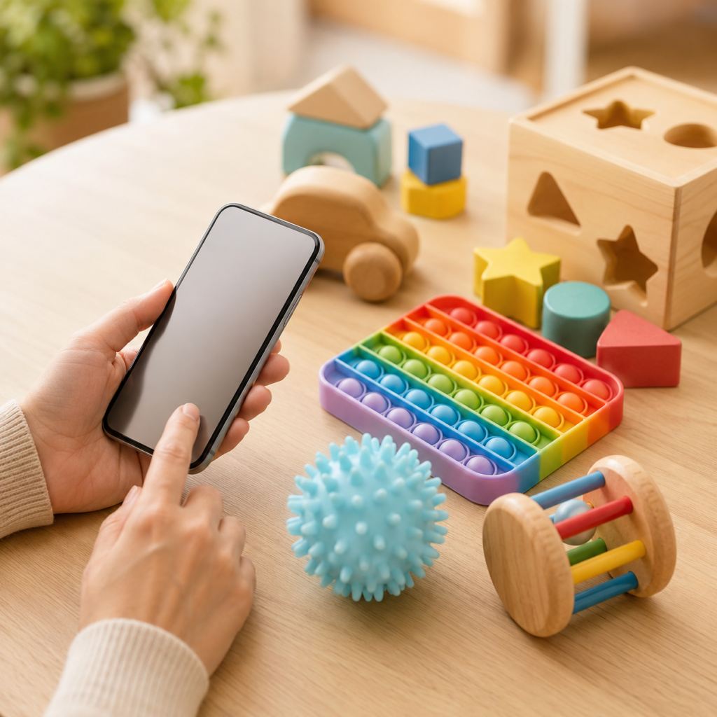 おもちゃコンシェルジュがLINEでお子さまの特性や好みを確認しながら選定している様子を示すイメージ。スマートフォンとおもちゃが並んでいるシーン