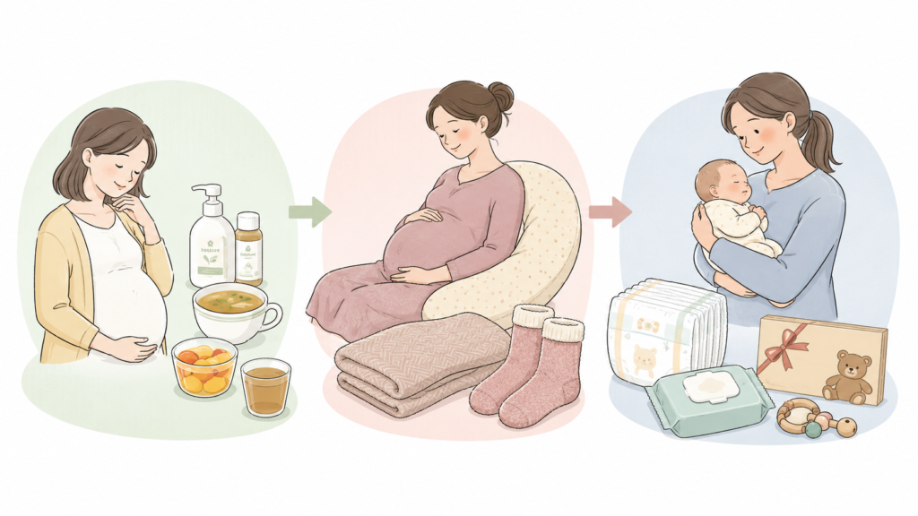 つわり期・妊娠後期・赤ちゃん用の3段階を示すシンプルなイラスト図