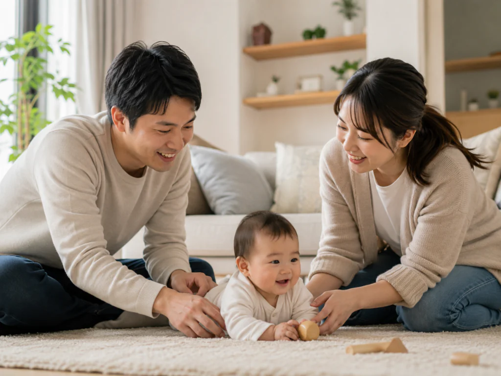 パパとママが赤ちゃんを囲んでリビングで一緒に過ごしているほっこりしたイメージ