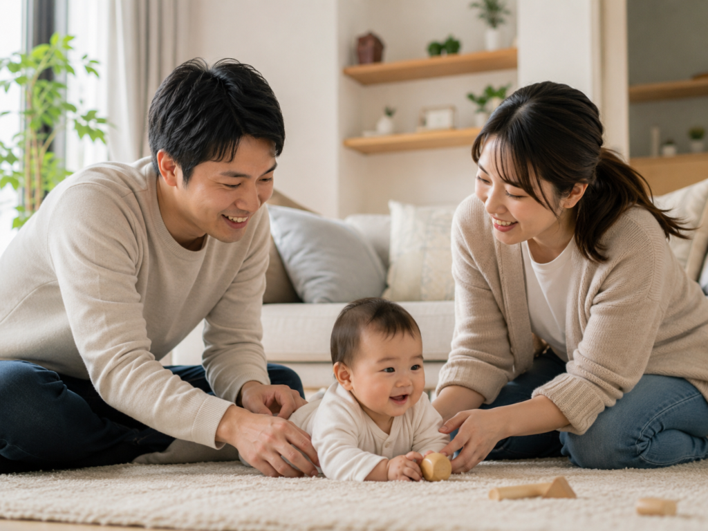 パパとママが赤ちゃんを囲んでリビングで一緒に過ごしているほっこりしたイメージ