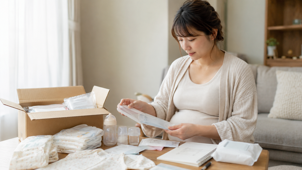 プレママが受け取ったサンプルセットを確認している様子、または出産準備品が並んでいるイメージ写真