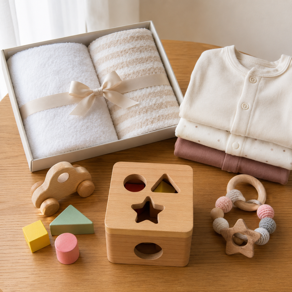 ベビー服・知育おもちゃ・タオルギフトセットなど、出産祝いの人気カテゴリのアイテムが並んでいるイメージ写真
